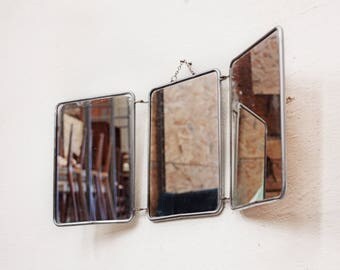 Vintage French Triptych Barber's Mirror, Folding, Travel Mirror, Shaving Mirror, Miroir de Barbier, Barbershop, Padded Back, Coiffeur