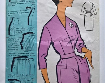 Fabulous 60's French Vintage Sewing Pattern : Woman Shift Wrap Dress Without Collar Size 16-Taille 44 Patrons Modeles 73029
