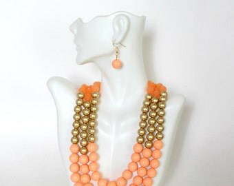 Multi Strand Necklace Bib Necklace, Peach Necklace, Gold Necklace, Summer Necklace, Colorful Pearl Necklace, Gift for Her