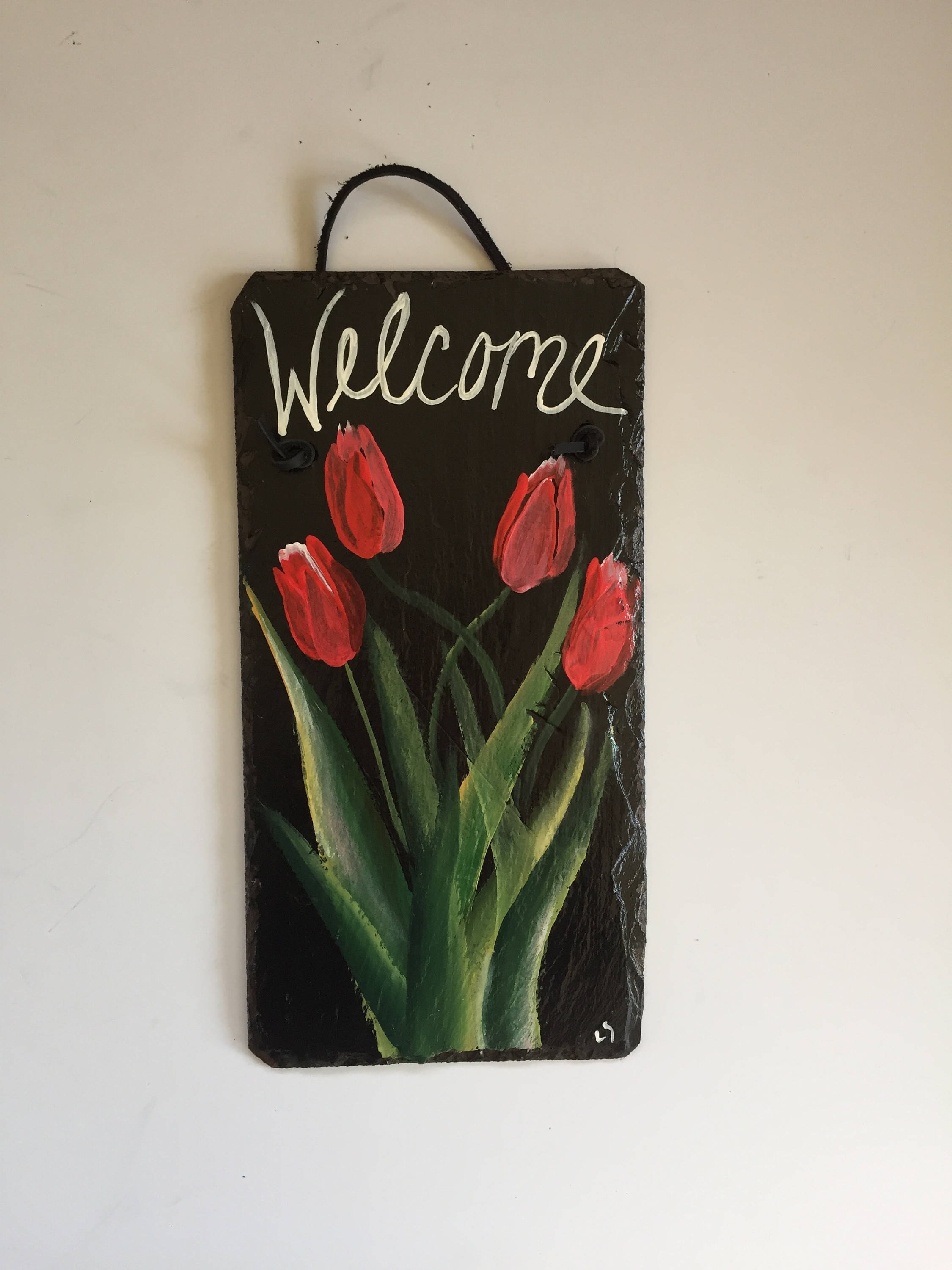 garden sign, red tulips slate welcome sign, 6 x 12 painted slate garden sign, red tulips slate welcome sign, 6 x 12 painted slate