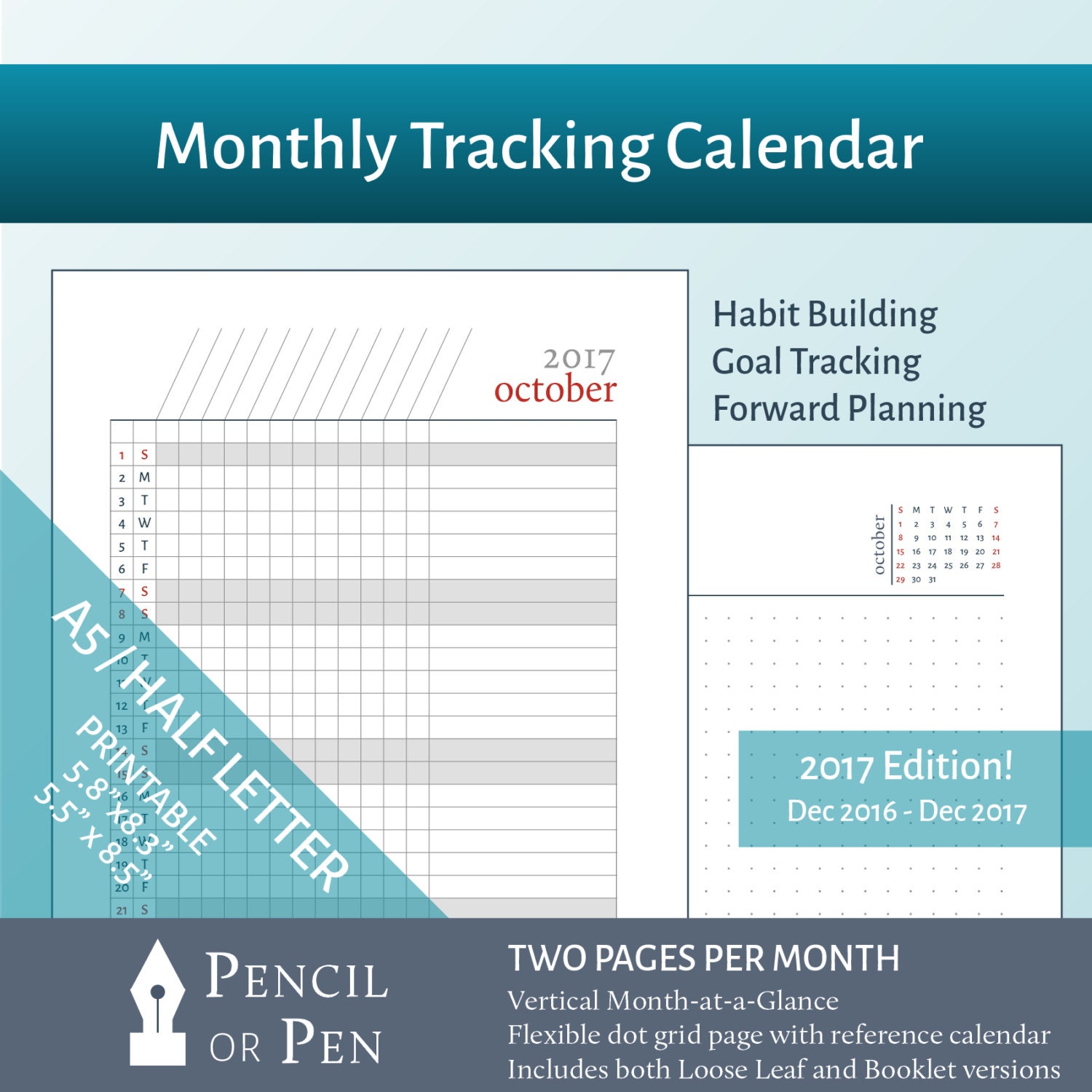 2017 Monthly Tracking Calendar Dot Grid Notes A5 Filofax