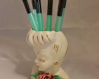 Midcentury Chic Ceramic Lady Head Vase 1940's or 1950's With 5 Piece Makeup Brush Set