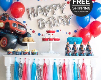 Blaze and the Monster Machines Party Supplies and Decoration Ideas. Blaze birthday party theme with banner, Blaze balloons, hats & cups.