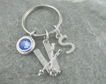 Ski keychain, ski keyring, skiing gift, initial keychain, birthstone keychain, personalized keyring, monogram keychain, skier gift, skiis