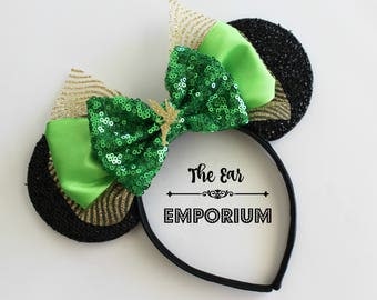 Peter Pan Tinkerbell Inspired Fairy Mouse Ears Headband ~ Green, Gold Glitter