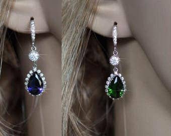Sapphire Blue or Emerald Green Handmade Small Cubic Zirconia CZ Dangle Bridal Earrings, Bridal, Wedding (Sparkle-1963)
