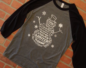 Snowman Raglan Three Quarter Sleeve Baseball Shirt, Word Art Snowman, Christmas Shirt, Winter TShirt, Snowflake Shirt, Raglan Tee