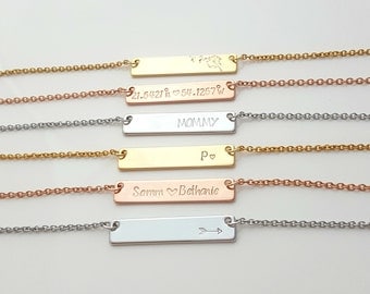 Bar Necklace, Personalized Necklace, Rose Gold, Gold, Silver Necklace, Thin Gold Chain, Gift for Her, Girlfriend Gift, Stamped Necklace
