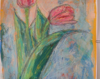 Pastel Pink Spring Tulips Original Acrylic Painting with Graphite 18x24" on paper. Impressionism. Green Pink Orange Blue Two Tulips Blooming