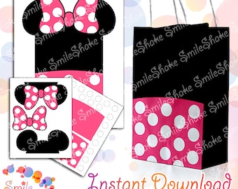Printable Minnie Mouse Favor Bags Digital Treat Bag Minnie Pink Color Design Goody Bags Birthday Party Decoration Instant Download Gift Box