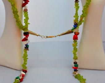 Assorted Stone Chip Necklace,Peridot Chips, Malachite, Turquoise, Lapis, Red Coral, Black Stone Chips (G241)