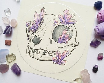 crystal cat skull - original post it note drawing - postitproject - art - illustration - silver - ink - marker - sticky note