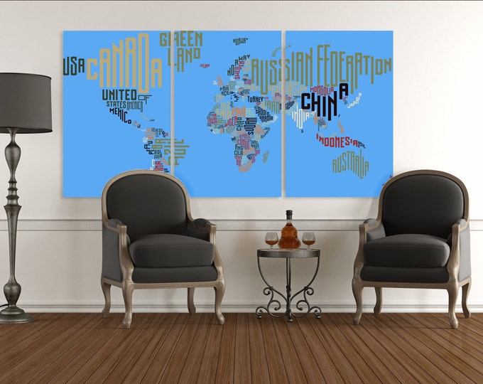Large blue typography map wall art, blue world map from words, map from countries names, map in text print