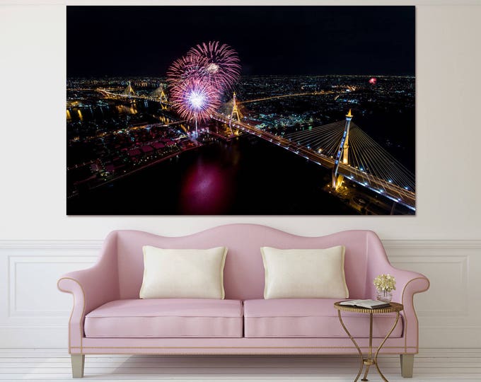 Thailand Bhumibol Bridge with fireworks in Bangkok canvas print, Bangkok fireworks night sky canvas wall art, firework cityscape wall art