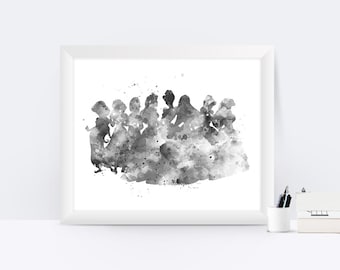 Princesses Black and White Art Print Ariel Cinderella Snow White Belle Rapunzel Poster Disney Princess Disney Print Watercolor Nursery Gift