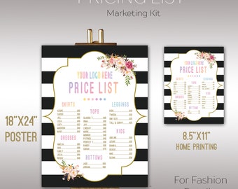 Boho Price List, Instant Download, 8.5" x 11", 18" x 24" , Poster, Digital, Price Chart, Marketing, For Fashion Retailer K15D03