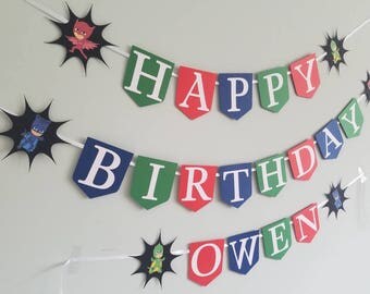 Pj masks happy birthday banner with name.