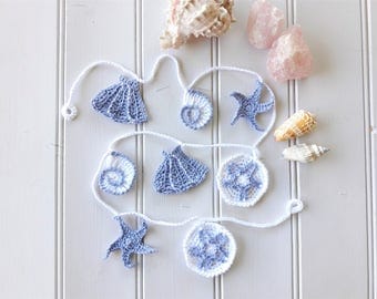 Seashell garland, beach decor, nautical decor, crochet garland, coastal wall art