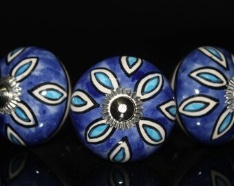 Blue & white leaf design Ceramic Knob white base Handpainted Cabinet Knob Cupboards and Dresser Drawers Knob - Price is for 1 knob (OHK0070)