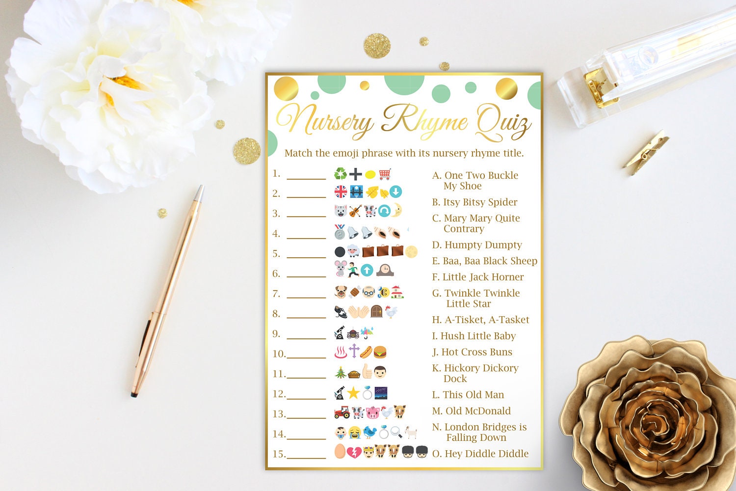 Emoji Nursery Rhyme Quiz Mint and Gold Baby Shower Game