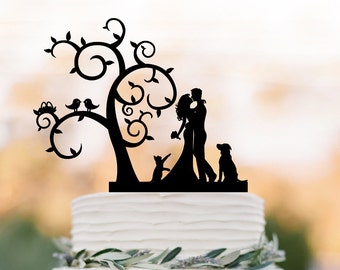 Bride and groom Wedding Cake topper dog and cat, Tree wedding cake topper with birds, silhouette cake topper with cat , rustic cake topper