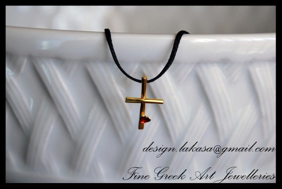Necklace Enamel Red Heart Cross Sterling Silver Gold plated Handmade Religious Jewelry Fine Greek Art for her birthday Mother Day Baby Girl