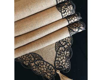 Burlap Table Runner with Black Guipure Lace Trim | Burlap Table Runner With Black Lace and Tassel | Tassel Table Runner | Custom Tablecloths