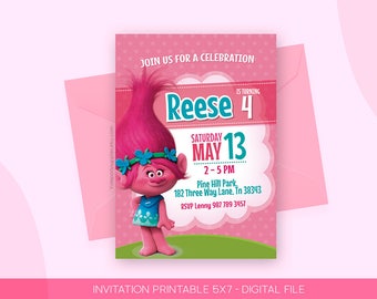 Trolls birthday invitations, Trolls birthday party, Trolls invitation card, Trolls birthday cards, Troll party supplies, Trolls Poppy