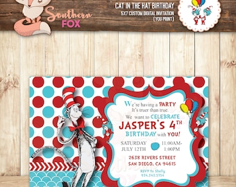 Cat In The Hat Birthday Invitation - Custom Digital Invitation 5x7 - Cat In the Hat, Dr Seuss, Dr Seuss Party, Dr Seuss Invite, Cat in Hat