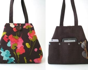 womens handbag, brown bag, canvas tote bag ,diaper bag, shoulder bag, day bag, travel bag, vegan bag, large tote with pockets, ready to ship