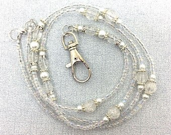 Beaded Lanyard - White Pearls, Clear Crackle Glass, Crystal Rondelles, Silver