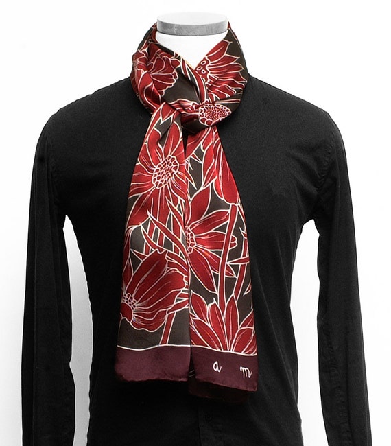 Hand painted Silk scarf Mens silk scarf Flower scarf Hand