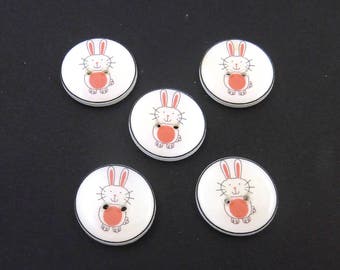 5 Bunny or Rabbit Buttons. Handmade Buttons. Easter or Spring Sewing Buttons. 3/4" or 20 mm round. Craft Buttons. Sewing Buttons.