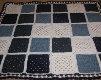 Mosaic Tile Blue White Throw Crocheted Granny Square Blanket Afghan New Fiber Art 44" x 38"