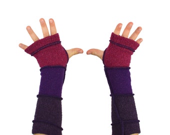Kids Arm Warmers in Magenta Pink and Eggplant Purple- Segmented Sleeves - Recycled Sweaters