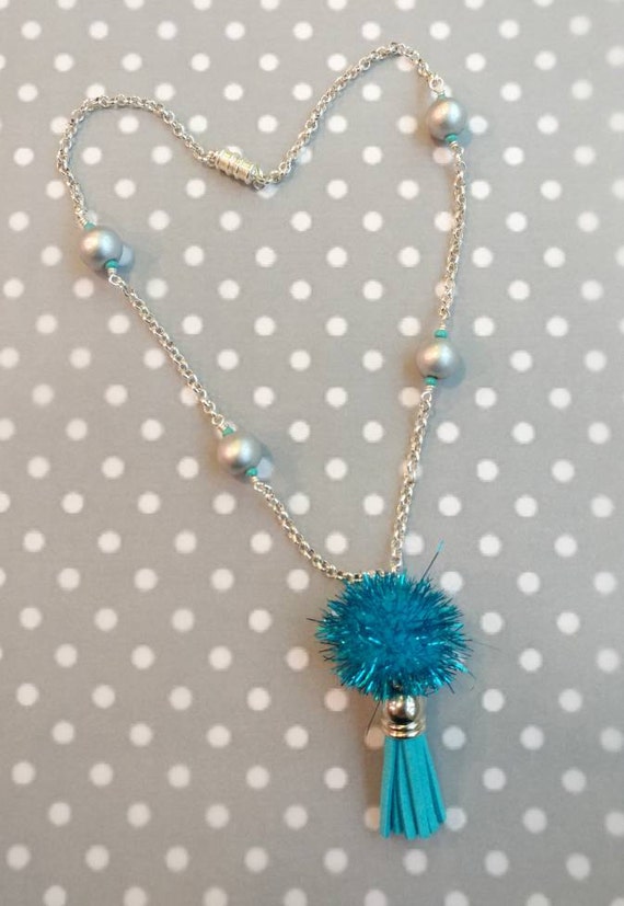 Pom pom tassel necklace blue tassel necklace childrens