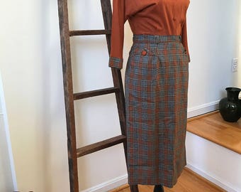 1950s RARE Sweater Skirt Set Copper Gray Windowpane Plaid Midcentury Mad Men Mode Perfect Fifties Costuming for Secretary Teacher Librarian