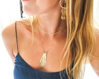 Gold Fringe Pendant - Hammered Gold Fringe Necklace - 14k Gold Fill Hammered Gold Necklace - Vertical Gold Strips - Rays Necklace