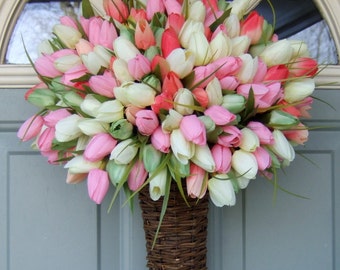 Spring Wreath - Spring Tulip Wreath - Spring Tulip Door Basket