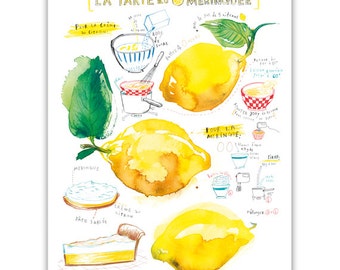 Lemon meringue pie recipe print, Kitchen art, Watercolor painting, Food poster, Yellow Kitchen decor, French Bakery print, Kitchen wall art