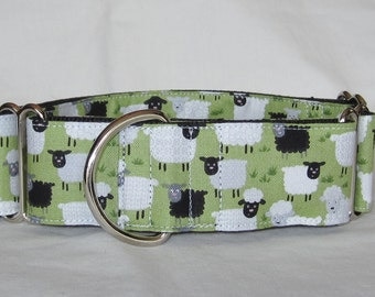 Happy Sheep Martingale Dog Collar - 1.5 or 2 Inch - green white black animal wool farm grass