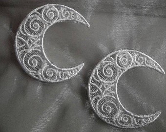 Crescent moon lace applique, white on gunmetal silver
