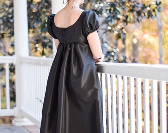 Regency Dress, Jane Austen Ball Gown, Early 19th Century, Black Taffeta, Misses Size 8