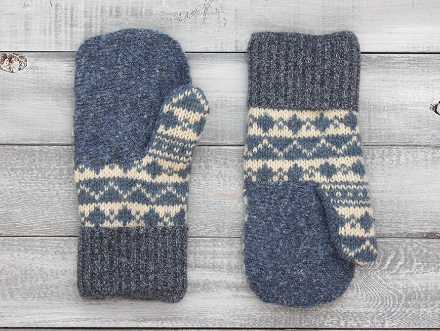 Sweater mittens wool mittens white and blue mittens Sugar