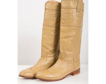 Vintage riding boots / 1980s Justin light brown knee high western style campus boots 8