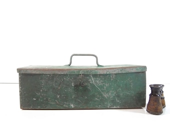 Vintage Metal Toolbox / Green Rustic Tackle Box / Industrial Storage