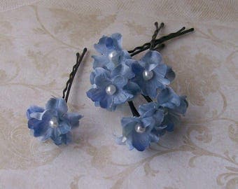 Blue Small Flower Hair Pins - Set of 6 Flower Bobby Pins