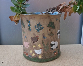 Ceramic plant pot with farm animals - Pottery planter - Stoneware brown pot with cows, horse, sheep, pigs, hens, chicks