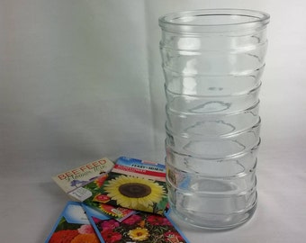 Large Vase, Clear Glass, Hoosier Glass Vase, Swirling Lines, Bamboo Style