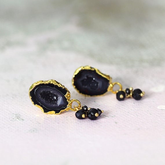 Geode Stud Earrings - Black Geode and Diamond Earrings